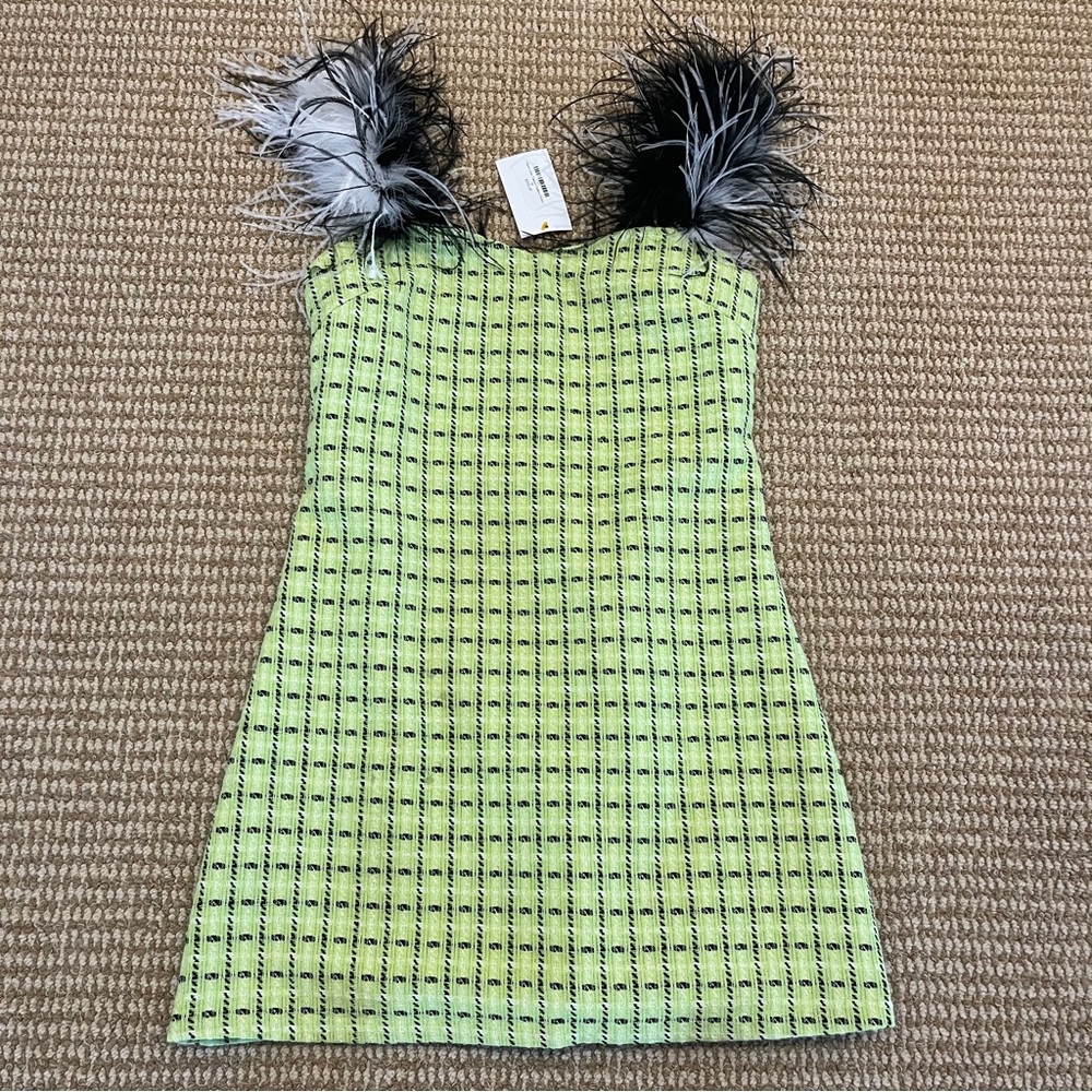 Queen of Sparkles Neon Lime Tweed Feather Strap Dress Medium NWT - Picture 3 of 10